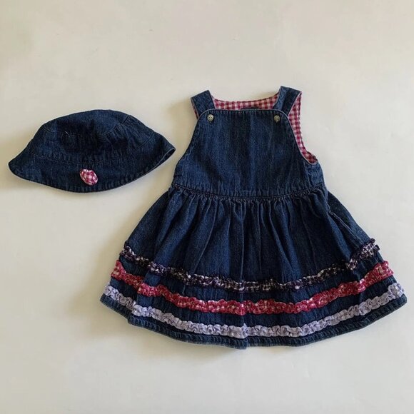 Potato Tomato Girls Size 9M Dress Denim Plaid Tiered Ruffle Dress and Hat Set - Picture 9 of 9
